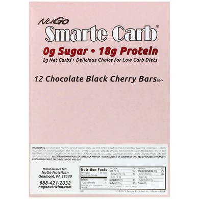 Smarte Carb, Шоколад с черной вишней, NuGo Nutrition, 12 батончиков, 1,76 унции (50 г) каждый купить в Киеве и Украине