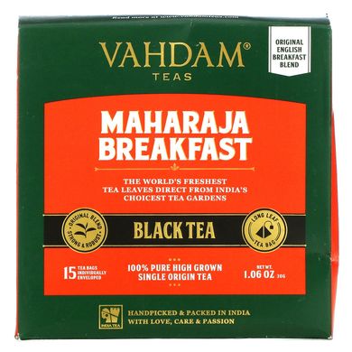 Чорний чай, для англійського сніданку, Vahdam Teas, 15 чайних пакетиків, 30 г (1,06 унції)