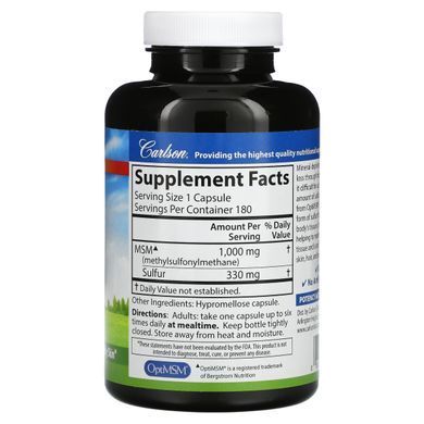MSM Sulfur, Carlson Labs, 1000 mg, 180 vegetarian capsules