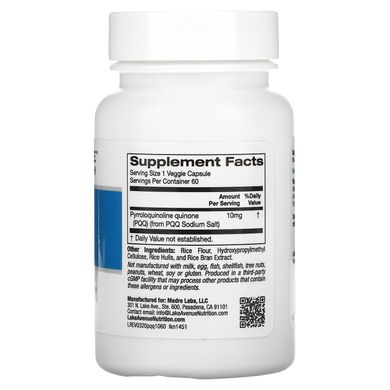 PQQ (пірролохінолінхінон), Lake Avenue Nutrition, 10 мг, 60 вегетаріанських капсул