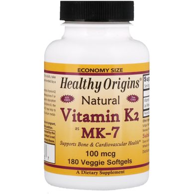 Вітамін K2 в формі MK7, натуральний, Natural Vitamin K2, MK-7, Healthy Origins, 100 мкг, 180 капсул в рослинній оболонці