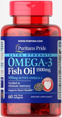 Екстра сила, Омега-3 риб'ячий жир, Extra Strength Omega-3 Fish Oil, Puritan's Pride, 1500 мг 450 мг Active Omega-3, 60 капсул