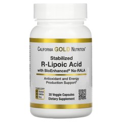 Р-ліпоєва кислота California Gold Nutrition (Stabilized R-Lipoic Acid) 30 рослинних капсул