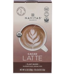 Латте Напій Мікс, Какао, Latte Superfood Drink Mix, Cacao, Navitas Organics, 10 пакетів по 0,31 унції (9 г) кожен