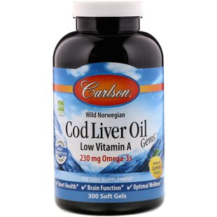 Рыбий жир из печени трески Carlson Labs (Cod liver oil) 1000 мг 300 капсул со вкусом лимона купить в Киеве и Украине