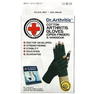 Doctor Arthritis, Хлопковые перчатки и руководство для лечения артрита с открытыми пальцами, среднего размера, серые, 1 пара купить в Киеве и Украине