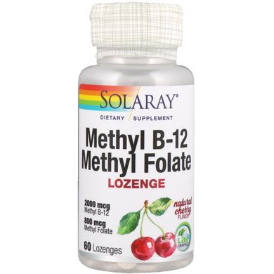 Вітамін В-12 і фолієва кислота, смак вишні, Methyl B-12 Methyl Folate, Solaray, 60 льодяників