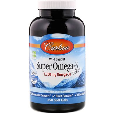 Спіймано в диких умовах, містить омега-кислоти вищої якості, Norwegian Super Omega-3 Gems Fish Oil Concentrate, Carlson Labs, 1200 мг, 250 м'яких таблеток