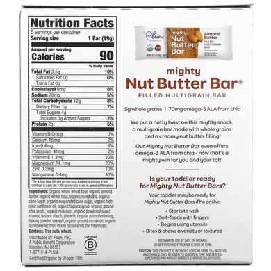 Plum Organics, Батончик Mighty Nut Butter, від 15 місяців і старше, мигдальне масло, 5 батончиків, по 0,67 унції (19 г) кожен