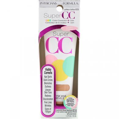 Super CC +, корекція кольору + догляд, крем СС +, SPF30, світлий / середній відтінок, Physicians Formula, 1,2 рідкої унції (35 мл)