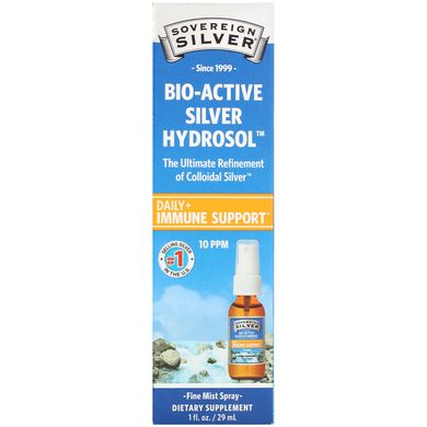 Біоактивні срібний гидрозолей для підтримки імунітету, дрібнодисперсний спрей, Sovereign Silver, 10 ч / млн, 1 рід унц (29 мл)