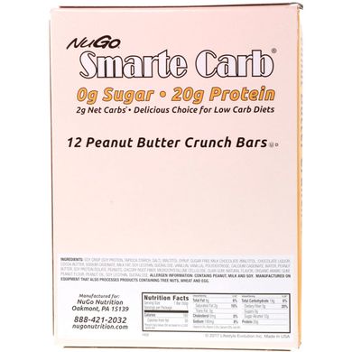 Smarte Carb, хрусткі батончики з арахісовим оліям, NuGo Nutrition, 12 батончиків, 1,76 унції (50 г) кожен