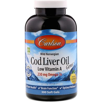 Риб'ячий жир з печінки тріски Carlson Labs (Cod liver oil) 1000 мг 300 капсул зі смаком лимона