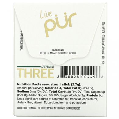 The PUR Company, Spearmint Three, жувальна гумка без цукру, 12 паличок