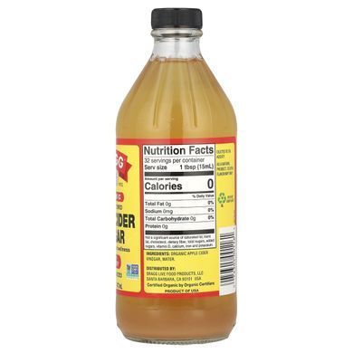 Bragg, organic apple vinegar with mother, raw, unfiltered, 473 ml (16 fluid ounces)