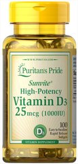 Вітамін Д3, Vitamin D3, Puritan's Pride, 25 мкг, 1000 МО, 100 капсул