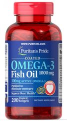 Омега-3 рыбий жир с покрытием, Omega-3 Fish Oil Coated(Active Omega-3), Puritan's Pride, 1000 мг, 200 капсул купить в Киеве и Украине