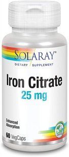 Цитрат железа, Iron Citrate, Solaray, 25 мг, 60 вегетарианских капсул купить в Киеве и Украине