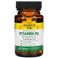 Витамин Д3, высокоэффективный, High Potency Vitamin D3, Country Life, 10000 МЕ, 60 капсул купить в Киеве и Украине
