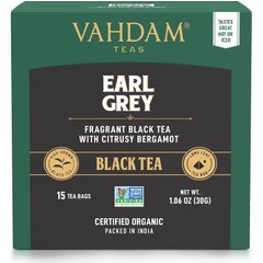 Чорний чай з цитрусовими і бергамотом, Earl Grey, Vahdam Teas, 15 чайних пакетиків, 30 г
