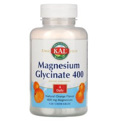 Гліцинат магнію 400, натуральний апельсиновий смак, Magnesium Glycinate 400, Natural Orange Flavor, KAL, 120 жувальних цукерок