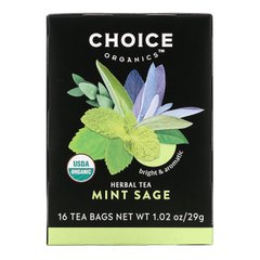 Choice Organic Teas, Трав'яний чай, м'ятна шавлія, без кофеїну, 16 чайних пакетиків, 1,02 унції (29 г)