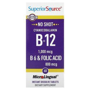 Ціанілкобаламін B12 1000 мкг Superior Source (B6 і фолієва кислота 800 мкг Cyanocobalamin B12) 1000 мкг 100 таблеток