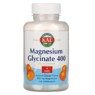 Глицинат магния 400, натуральный апельсиновый вкус, Magnesium Glycinate 400, Natural Orange Flavor, KAL, 120 жевательных конфет купить в Киеве и Украине