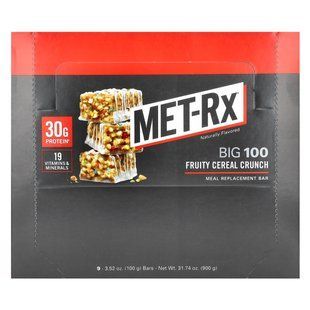 MET-Rx, Big 100, батончик-замінник їжі, хрусткий хрусткий фруктовий смак, 9 батончиків по 100 г (3,52 унції)
