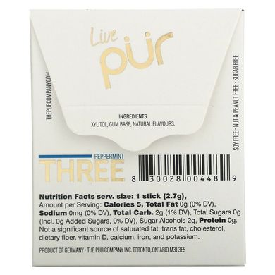 The PUR Company, Peppermint Three, жувальна гумка без цукру, 12 паличок