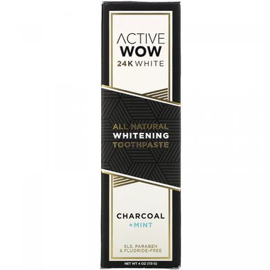 Натуральна відбілююча зубна паста, вугілля + м'ята, 24K White, All Natural Whitening Toothpaste, Charcoal + Mint, Active Wow, 113 г