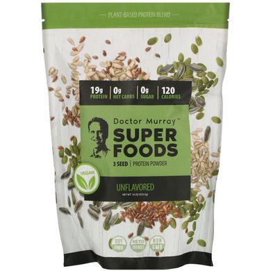 Веганський протеїновий порошок з 3 насіння, без ароматизаторів, Super Foods, 3 Seed Vegan Protein Powder, Unflavored, Dr. Murray's, 453.5 г