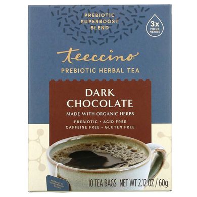 Teeccino, Prebiotic Herbal Tea, Dark Chocolate, Caffeine Free, 10 Tea Bags, 2.12 oz (60 g)