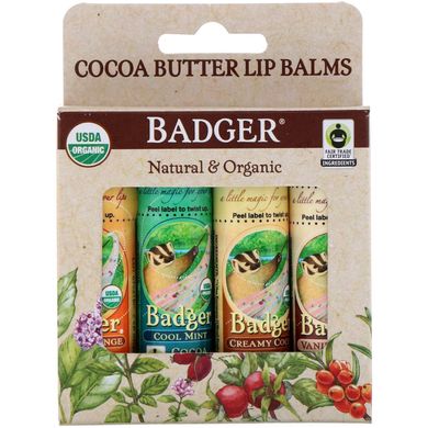 Органічний бальзам для губ з олією какао, набір з, Badger Company, 4 бальзамів, 0,25 унц (7 г) кожн