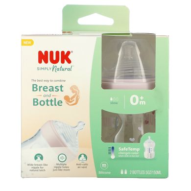 NUK, Simply Natural, пляшечки, від 0 місяців, повільно, 2 упаковки, 5 унцій (150 мл) кожна