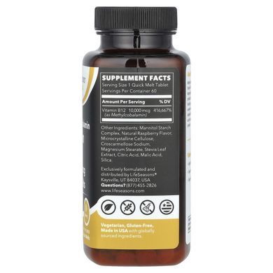LifeSeasons, Essentials, Methylcobalamin Vitamin B12, Berry, 10,000 mcg, 60 Quick Melts