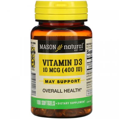 Вітамін Д3 Mason Natural (Vitamin D3) 400 МО 100 гелевих капсул /ТЕРМІН!!!
