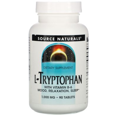 L-триптофан, L-Tryptophan with Vitamin B-6, Source Naturals, 1000 мг, 90 таблеток
