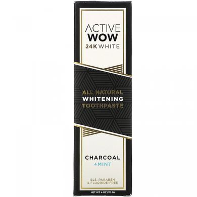 Натуральна відбілююча зубна паста, вугілля + м'ята, 24K White, All Natural Whitening Toothpaste, Charcoal + Mint, Active Wow, 113 г