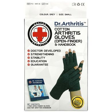 Doctor Arthritis, Бавовняні рукавички та посібник для лікування артриту з відкритими пальцями, маленькі, сірі, 1 пара