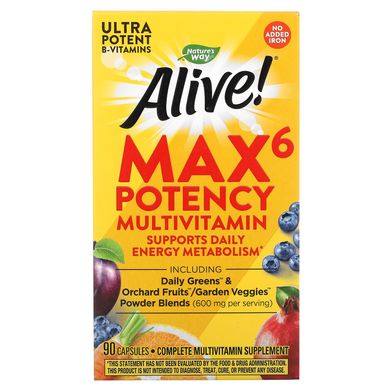 Мультивітаміни без заліза Nature's Way (Alive! Max6 Dailiy Multi-Vitamin) 90 капсул
