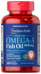 Омега-3 рыбий жир с покрытием, Omega-3 Fish Oil Coated(Active Omega-3), Puritan's Pride, 1000 мг, 100 капсул купить в Киеве и Украине
