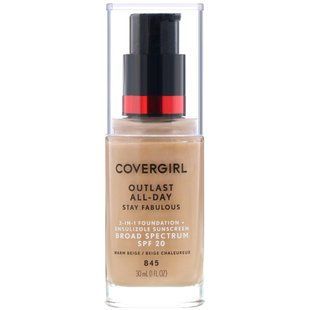Тональна основа 3 в 1, відтінок 845 &laquo;Теплий бежевий&raquo;, Outlast All-Day Stay Fabulous, Covergirl, 30 мл
