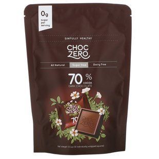 70% Cocoa Dark Chocolate Squares, Sugar Free, ChocZero, 10 pieces of 3.5 ounces each