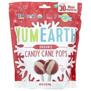 YumEarth, Organic Candy Cane Pops, Peppermint, 30 Winter Wrapped Pops, 6.5 oz (186 g) купить в Киеве и Украине