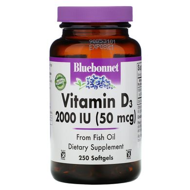 Вітамін D3, Bluebonnet Nutrition, 2000 МО, 250 желатинових капсул
