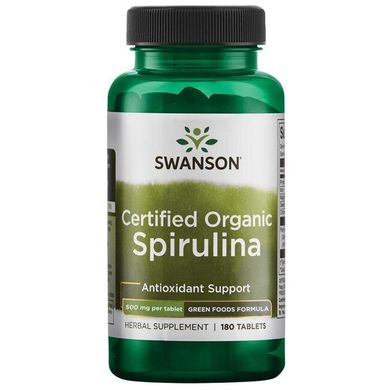 Спіруліна, 100% Certified Organic Spirulina, Swanson, 500 мг, 180 таблеток