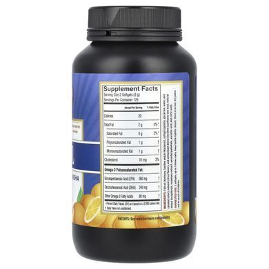 Fish oil with omega-3 Barleans (Omega-3 Fish Oil EPA/DHA) 340 mg 250 capsules with orange flavor.