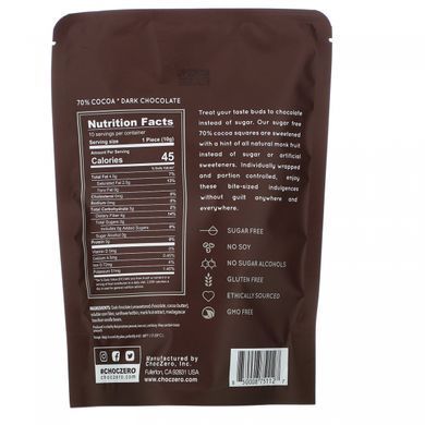 70% какао квадрати темного шоколаду, без цукру, 70% Cocoa Dark Chocolate Squares, Sugar Free, ChocZero, 10 штук по 3,5 унції кожна