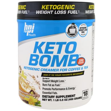 Keto Bomb, кетогенний крем для кави і чаю, французький ванільний латте, Ketogenic Creamer For Coffee ,Tea, French Vanilla Latte, BPI Sports, 468 г